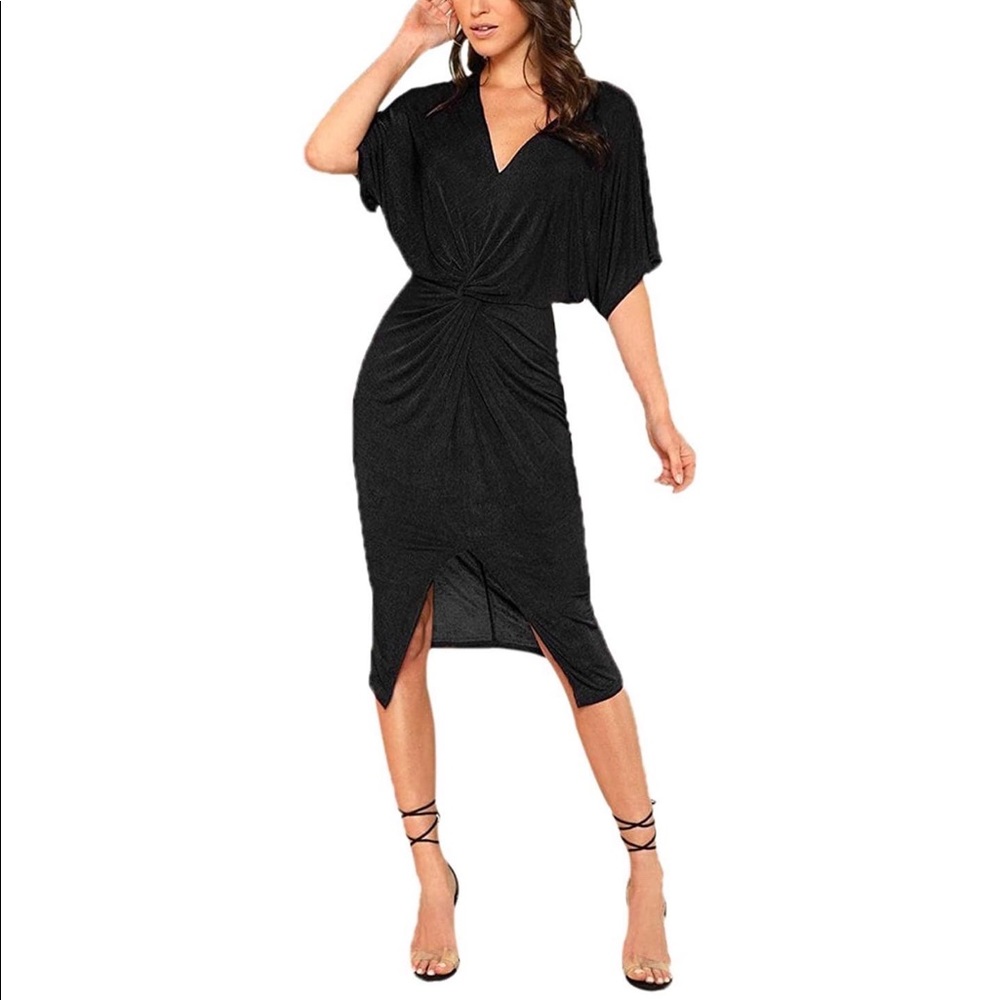 Floerns Women's Short Sleeve V Neck Twist Front Split Midi Dress.